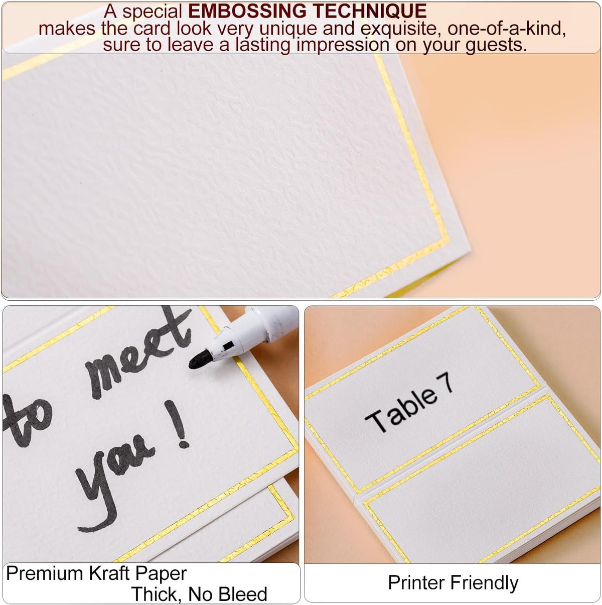 120Pcs Premium Place Cards, Small Table Cards with Gold Foil Border, 2" x 3.5" Tent Cards, Escort