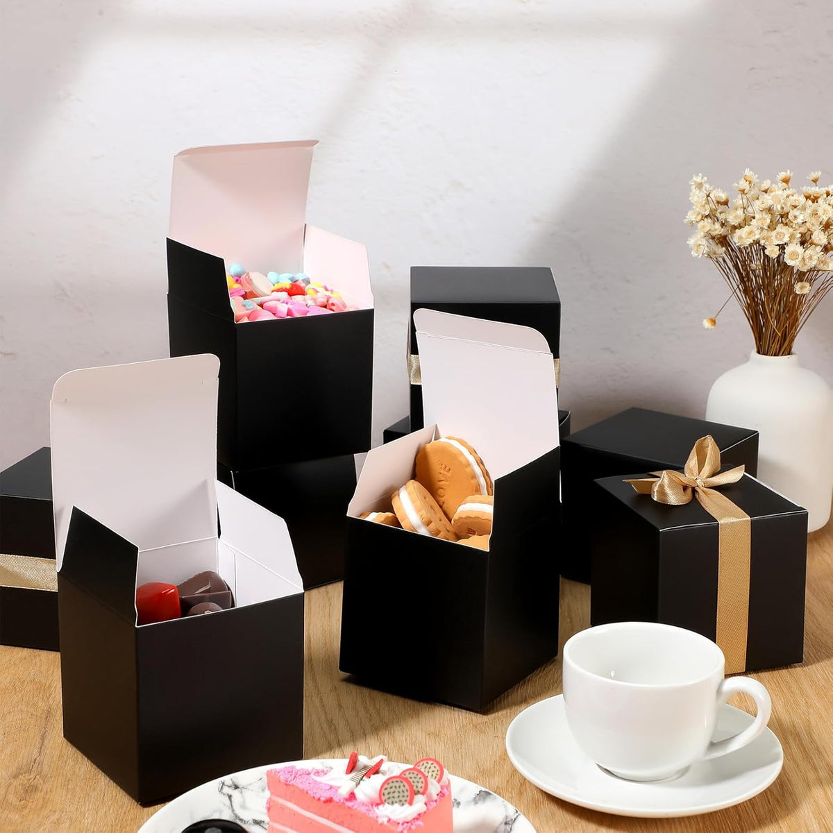 Jutom 100 Pcs Mini Favor Boxes Extra Small Candy Boxes Paper with Gold Ribbon for Christmas