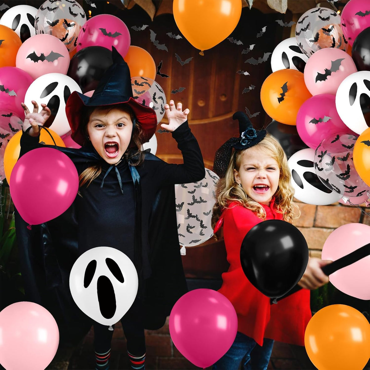 Orange Pink Halloween Balloons, 12 Inch Ghost Balloons, Black Orange and Hot Pink Latex Balloon