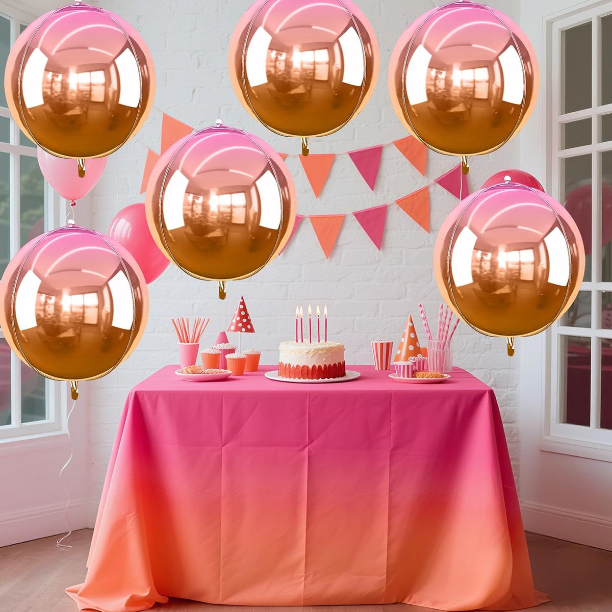 6Pcs Gradient Orange Round Foil Balloons, 22" Large Helium Ball Balloon, Metallic Orange Mylar