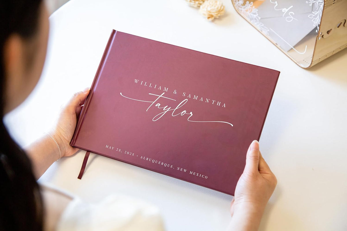 Personalized Guest Book - 11.5" x 8.5" Custom Bride & Groom Names with Bookmark and Hard Cover 140