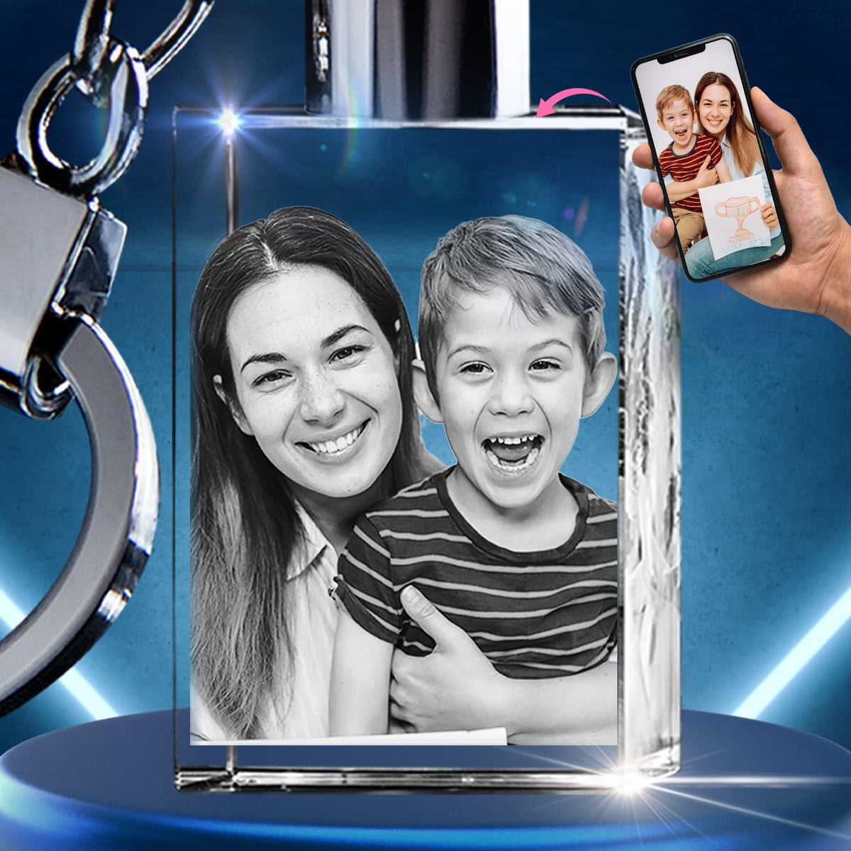3D innovation Personalized Crystal Keychain Photo with LED Light Custom Laser Etched Key Chain