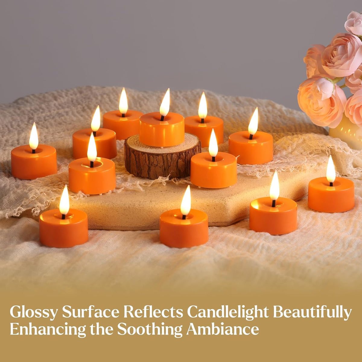 Eywamage Orange LED Tealights with Remote Batteries, Flickering Fall Halloween Flameless Tea Lights