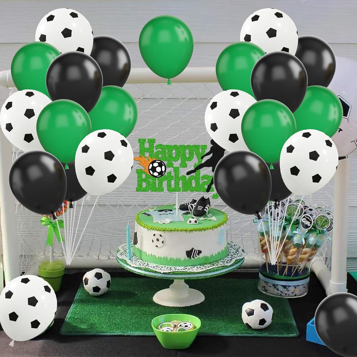 Football Balloons, 12 Inch Green Black White Latex Soccer Printed Balloons With Ribbons for Boys