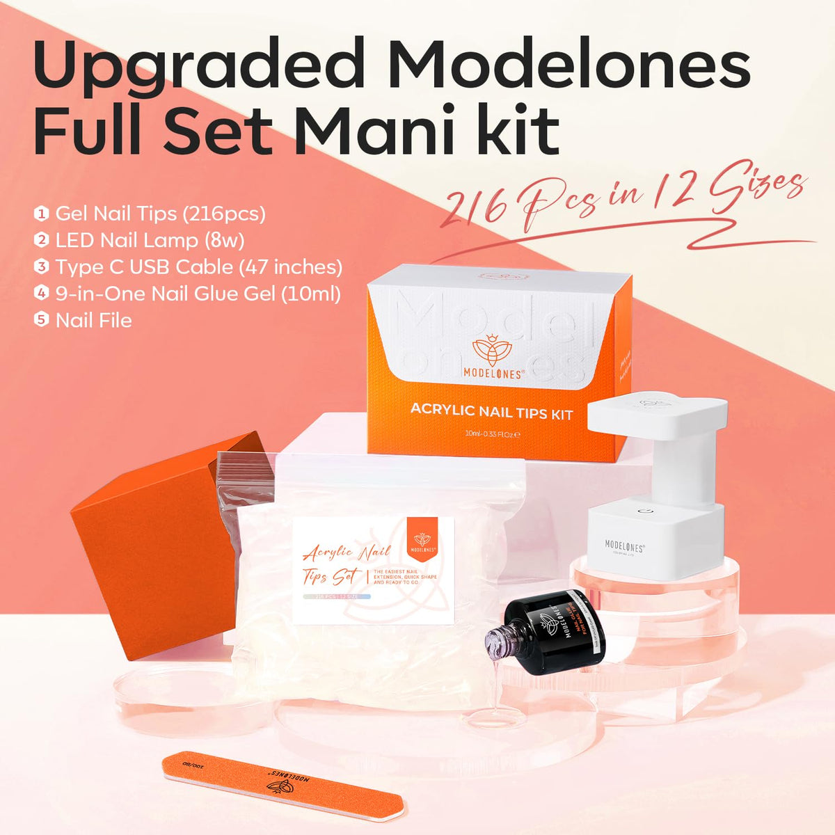 modelones Medium Oval Gel Nail Tips Kit, 9-in-One Nail Glue with Portable U V Lamp 216Pcs 12Sizes