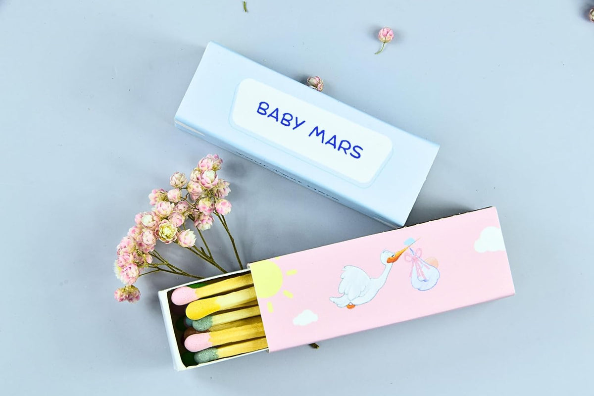 Customizable Baby Shower Matchboxes – Set of 10 – Cute Baby Design – Colorful Matchsticks – Perfect