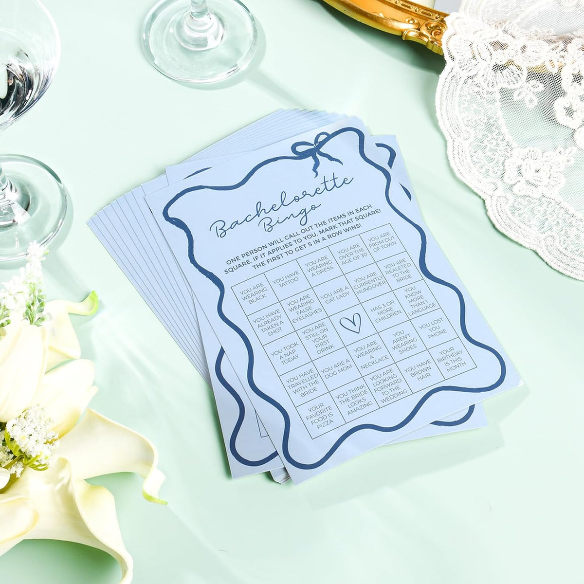 DEEKA 30 PCS Bridal Shower Games Card for 30 Guests Blue Wavy Border Ribbon Bow Funny Wedding