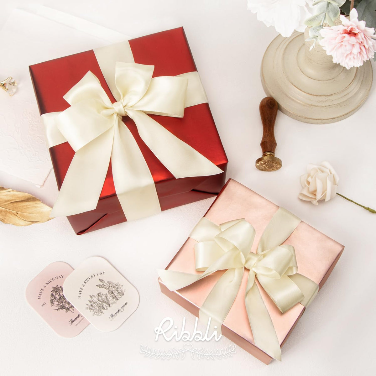 Ribbli Ivory Double Faced Satin Ribbon,1-1/2” x Continuous 25 Yards,Use for Bows Bouquet,Gift