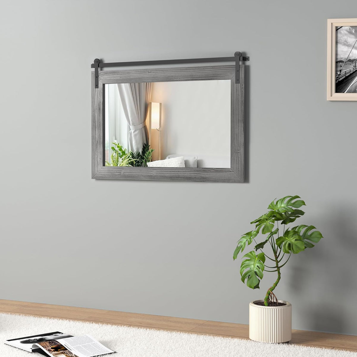 COGOOD Farmhouse Barn Door Mirror - 25" x 18" Rustic Wood Framed Decrative Mirror for Bathroom