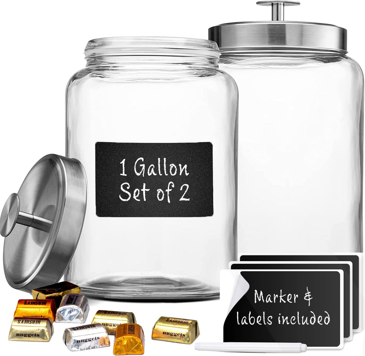 2 Large 1-Gallon Glass Canister Sets for Kitchen Counter with Stainless Steel Airtight Lids +