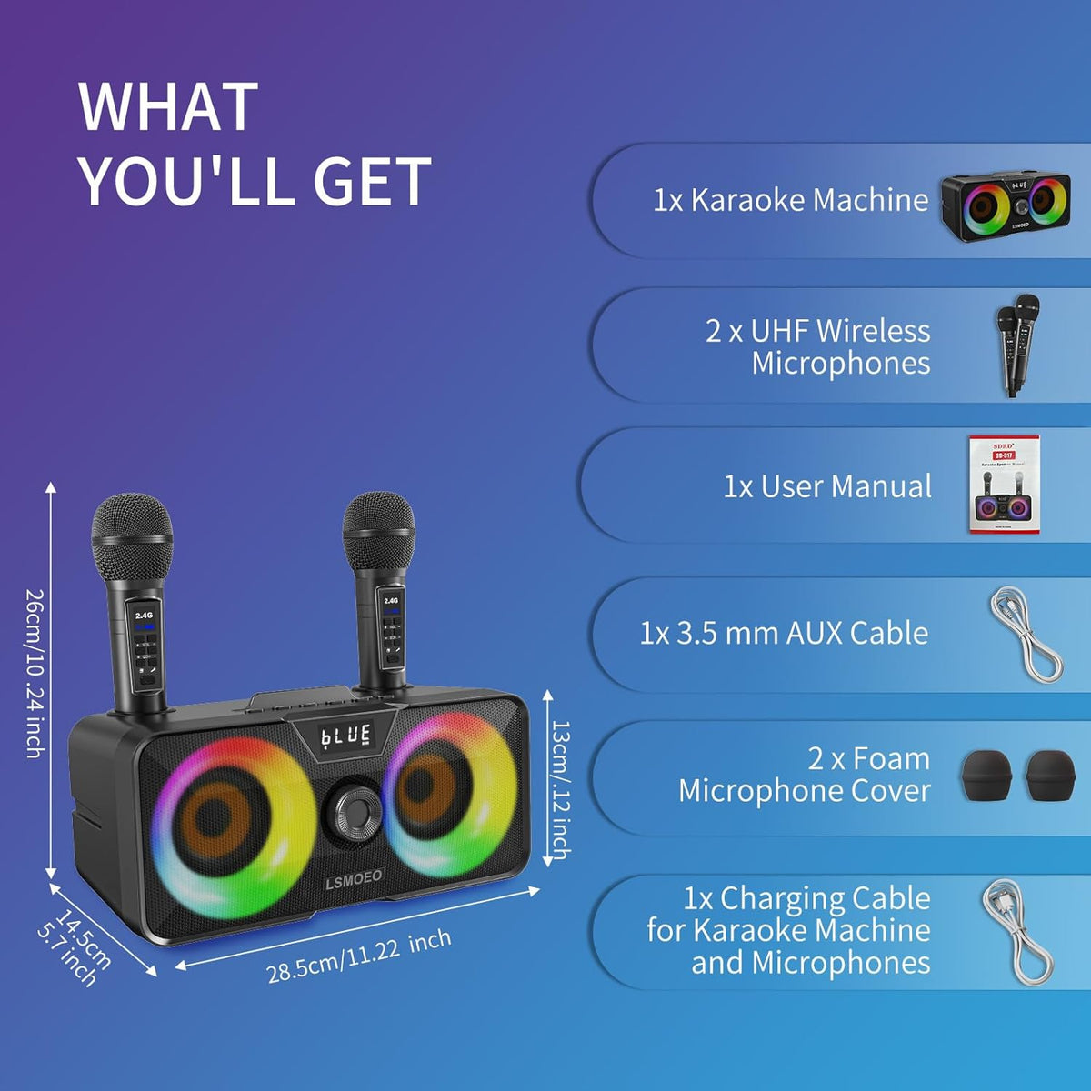 Karaoke Machine for Adults and Kids with 2 UHF Wireless Microphones,Portable Bluetooth Speaker PA