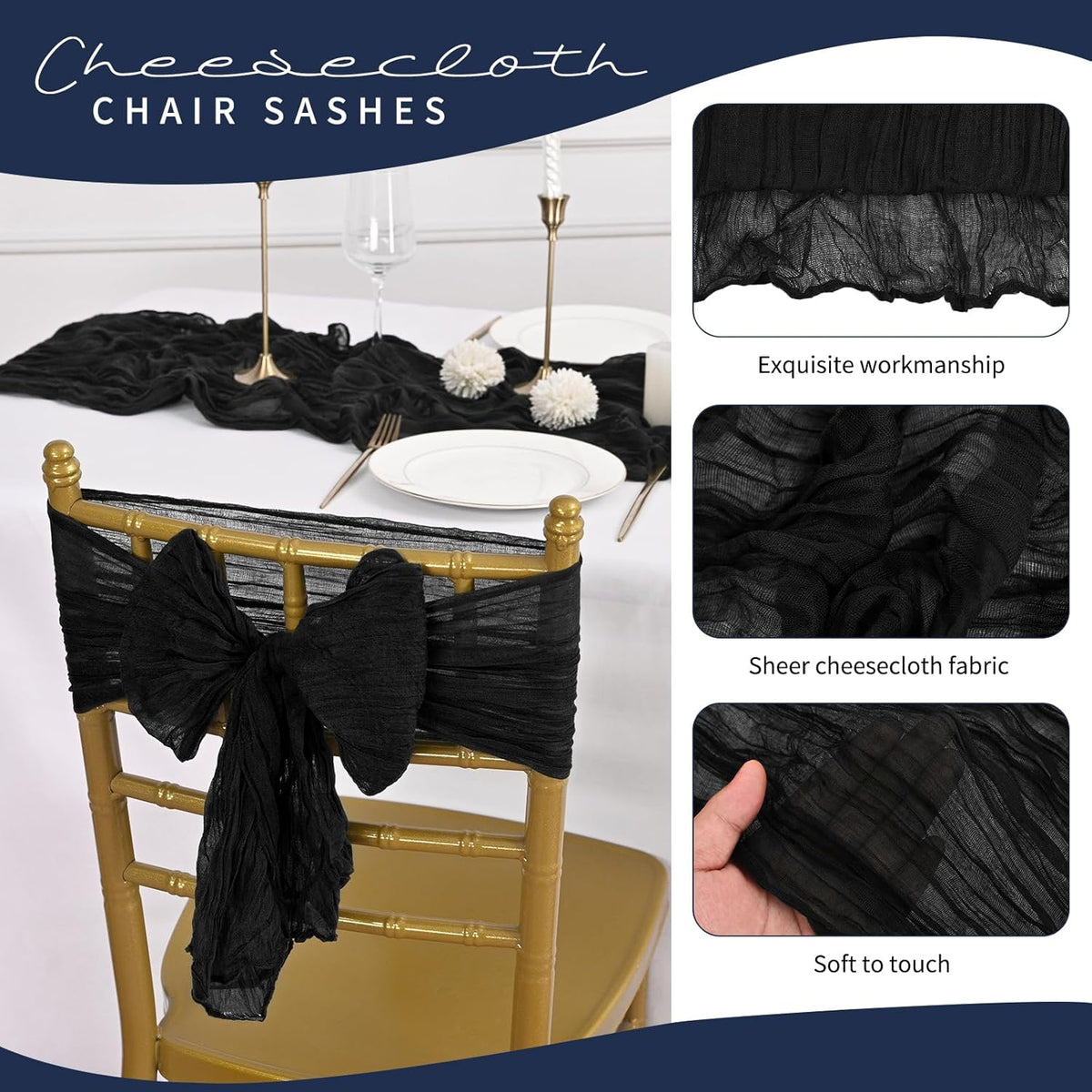 50 PCS Cheesecloth Chair Sashes, Bows Designed ChairSashes, 15.7x70 inch Chair Sashes for Aisle
