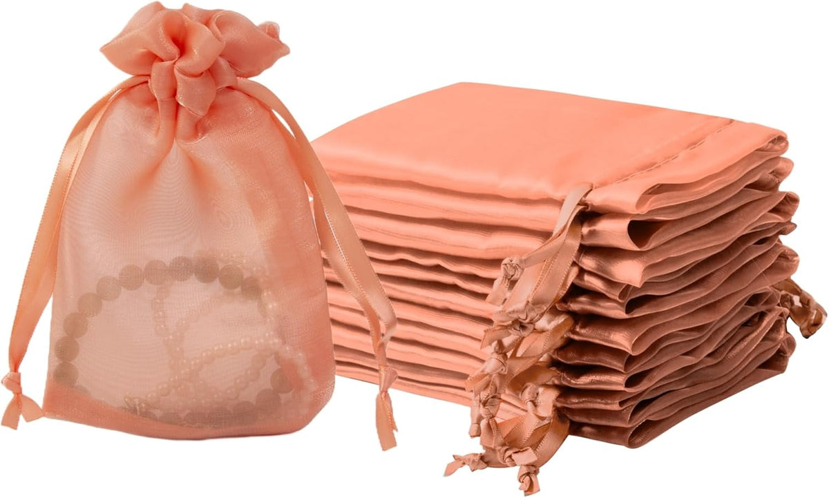 QIANF 20 Pcs Orange Small Organza Bags 4X6 inch for Wedding Favors with Drawstring, Mini Mesh Gift
