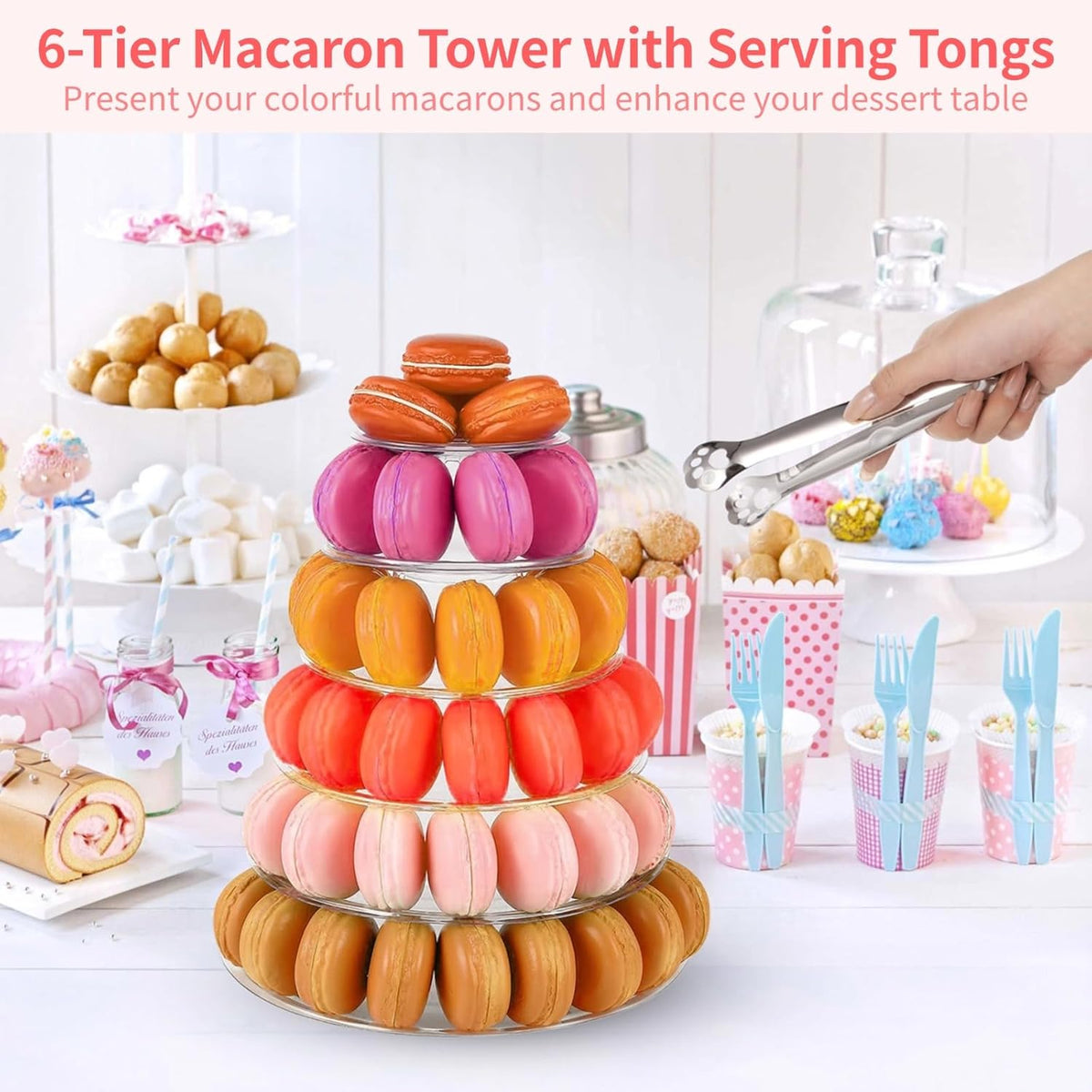 OMISTAR 2 PCS 6-Tier Clear Macaron Display Stands, Plastic Macaron Tray Tower with Stainless Steel