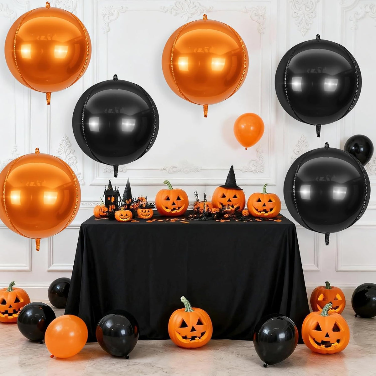 6Pcs Black Orange Round Foil Balloons,Giant 4D Round Ball Balloon,22 Inch Metallic Orange Black
