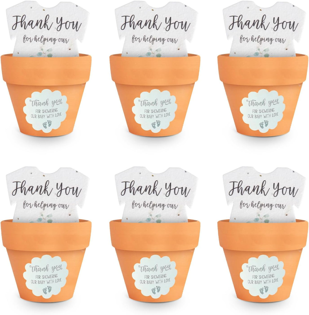 Set of 6 Seed Paper – 6 Green Onesie & 6 Orange Pots with Stickers for Baby Shower, Gender Reveal
