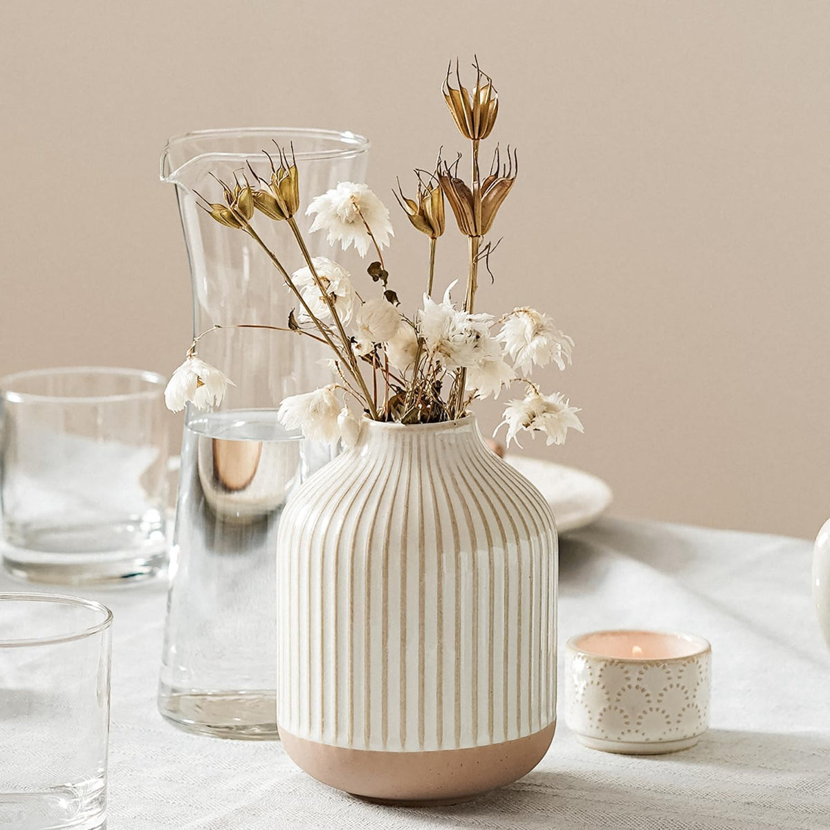 Boho Farmhouse Small Ceramic Vase for Pampas Grass & Flowers - 5.3 Inch Rustic White Vase