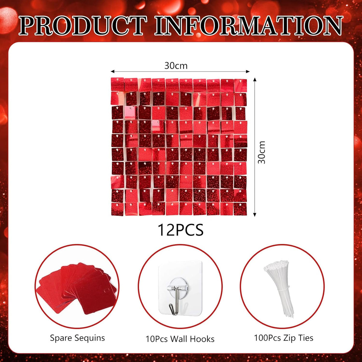 12PCS Red Shimmer Wall Backdrop, Laser Square Sequin Photo Backdrops Panel, Glitter Wall Background