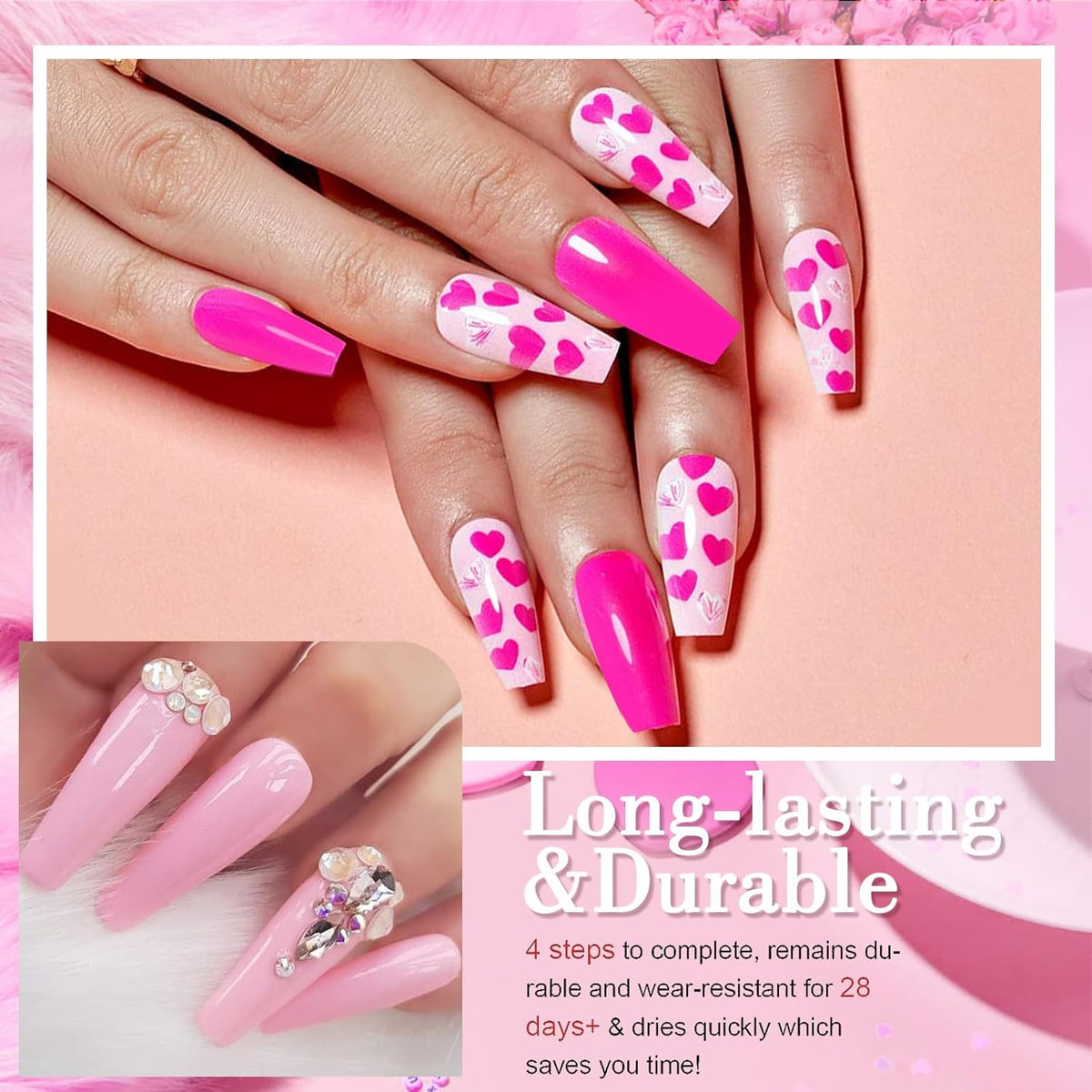 Honey Joy Dip Powder Nail Kit Starter, 4 Colors Hot Pink Glitter Fine Dipping Powder Liquid Set