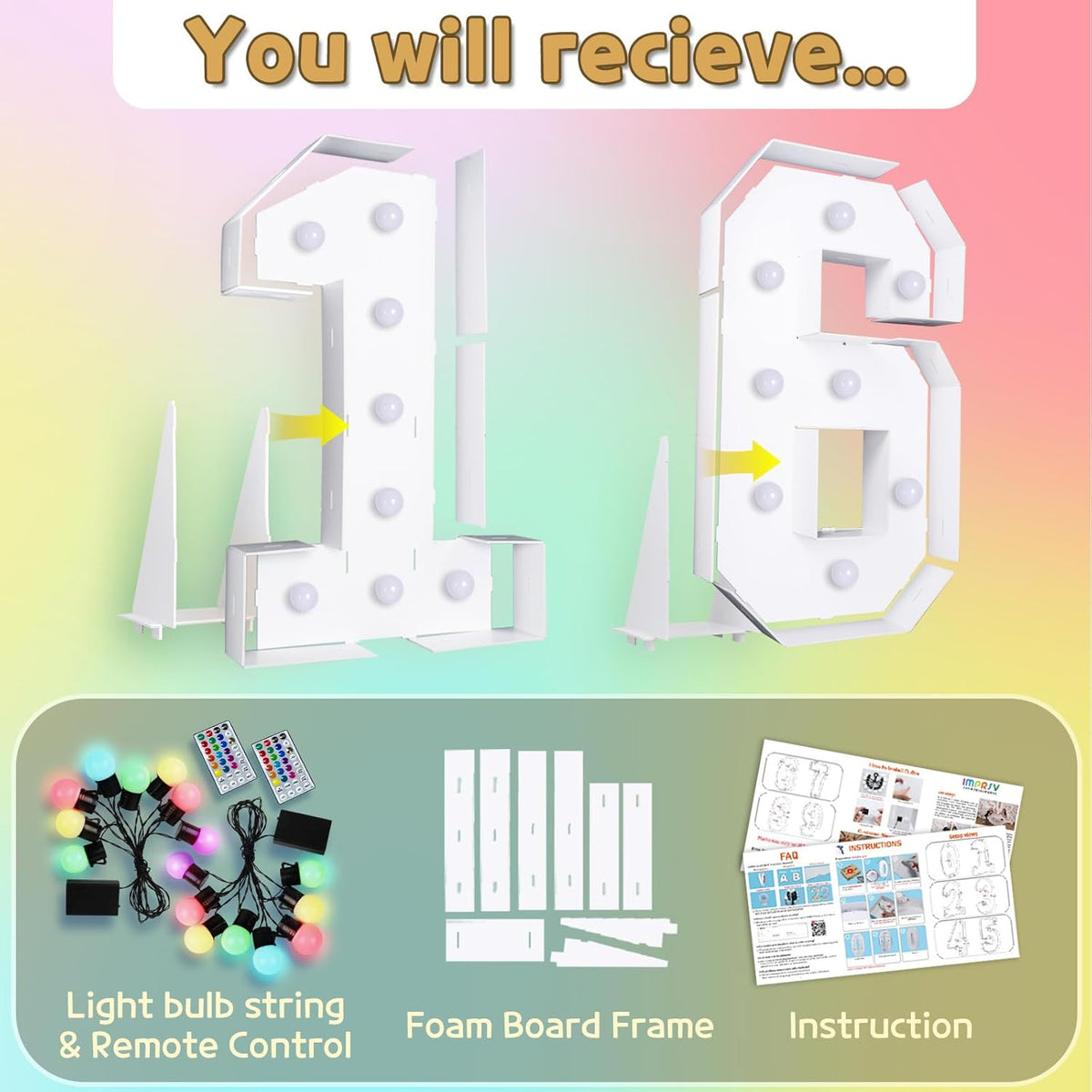 Marquee Numbers Colorful 16th-Birthday Decoration: 4FT Large Light Up Sweet 16 Year Old Birthday