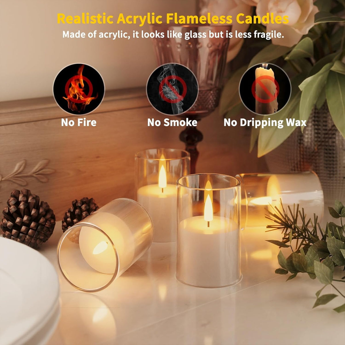 12Pack Flickering Flameless LED Candles with Timer, Battery Powered - Small Pillar & Votive, Clear
