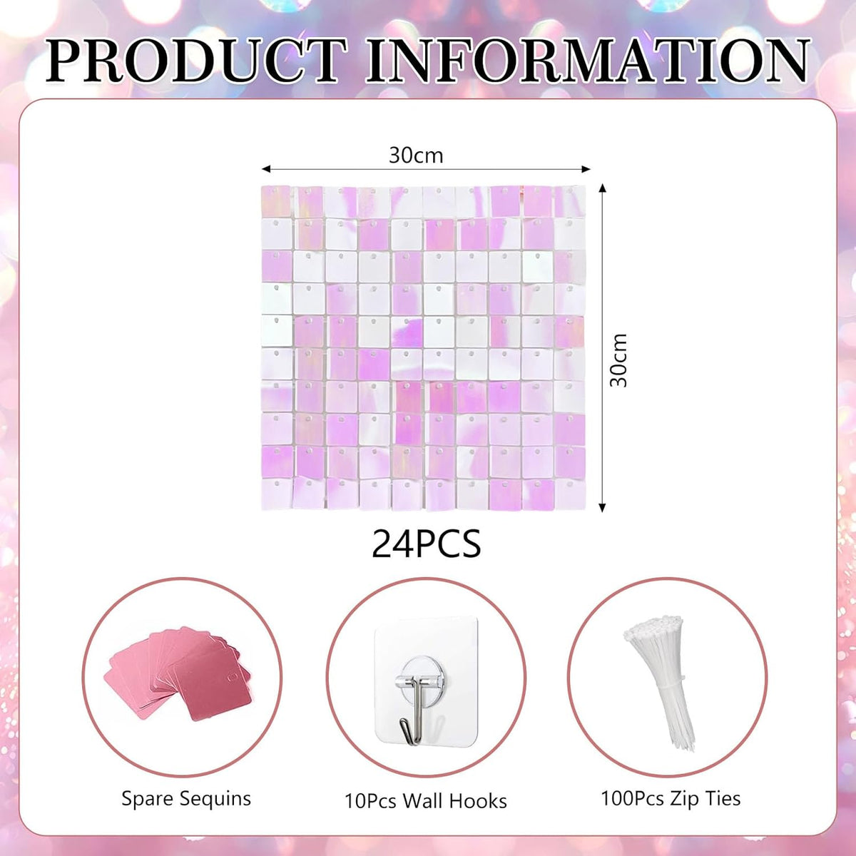 24PCS Colorful Light Pink Shimmer Wall Backdrop, Square Sequin Photo Backdrops Panel, Glitter Wall
