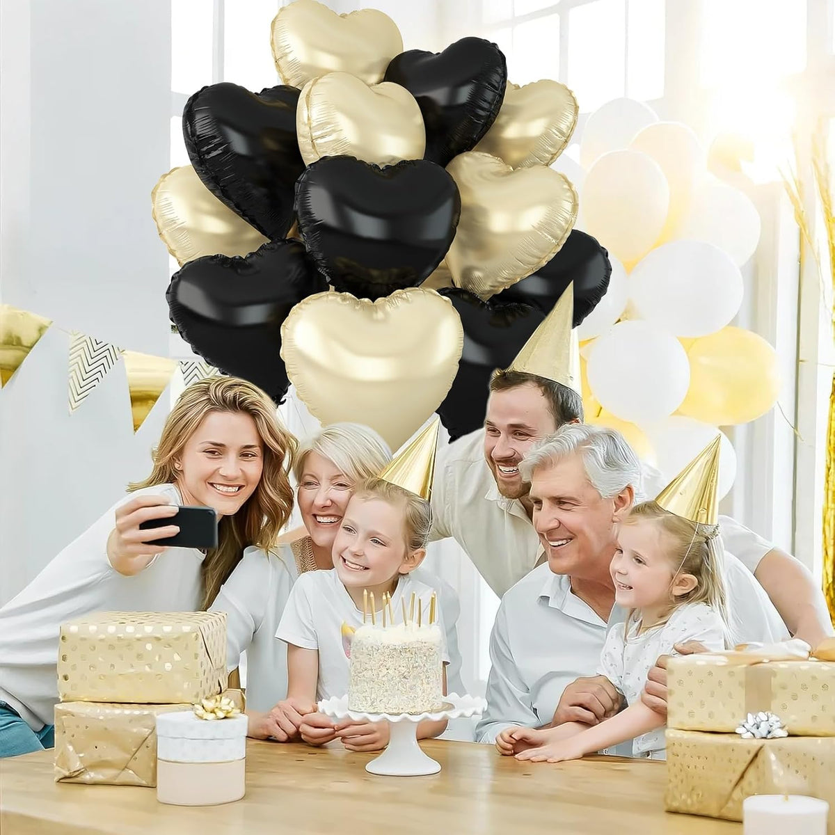 Black Gold Heart Balloons,12Pcs 18Inch Black Champagne Gold Heart Shaped Foil Helium Balloons for
