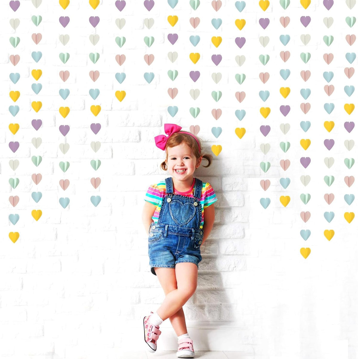 Pastel-Rainbow Party-Decorations 3D Heart Garland - 39Ft Yellow Blue Pink Purple Mint Hanging Paper