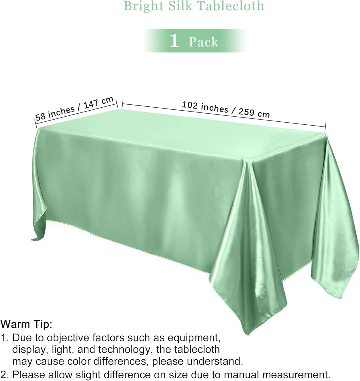 TURSTIN 1 Pack Sage Green Satin Tablecloth 102 x 58 Inch Overlay Satin Table Cover Rectangle Bright