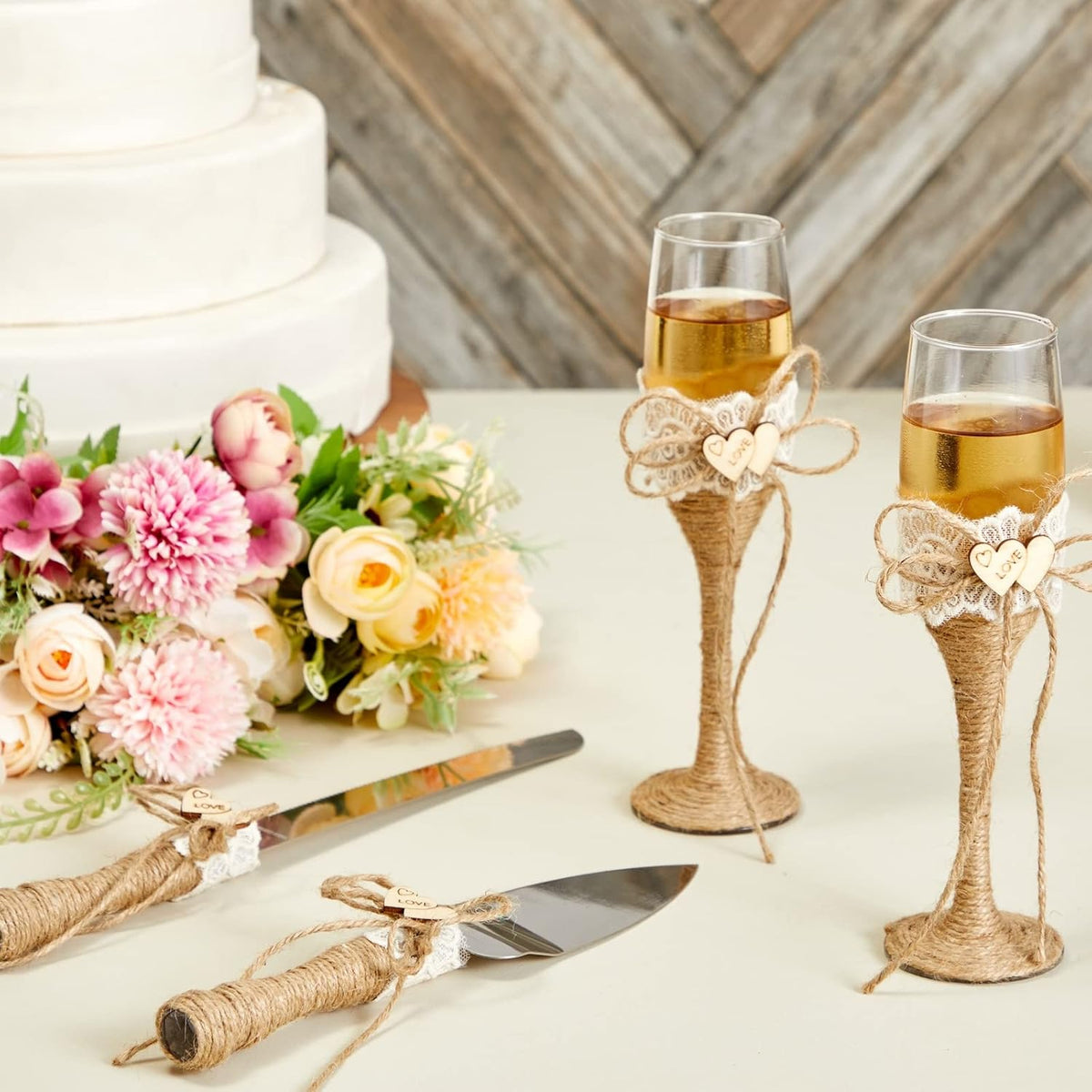 Juvale Wedding Decor Rustic Cake Knife & Server Set with Champagne Flutes - Brown Wood Handles