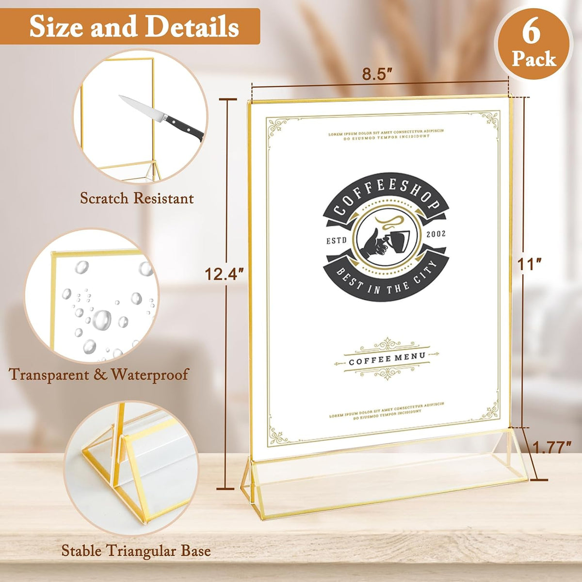 Floroom 6 Pack 8.5x11 Inch Clear Acrylic Sign Holders, Double-Sided Gold Display Stand Picture