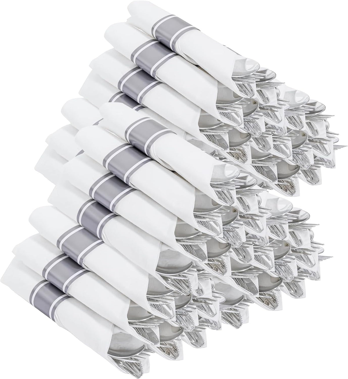 400PCS Pre Rolled Silver Plastic Silverware Sets - Heavy Duty Silver Cutlery - Include 100 Pack