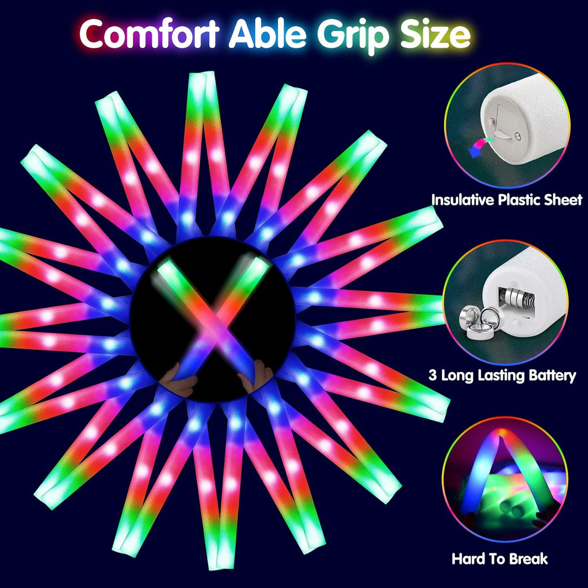 124 PCS Glow Sticks, Foam Glow Sticks, Foam Light up Sticks with 3 Modes Colorful Flashing, Glow In