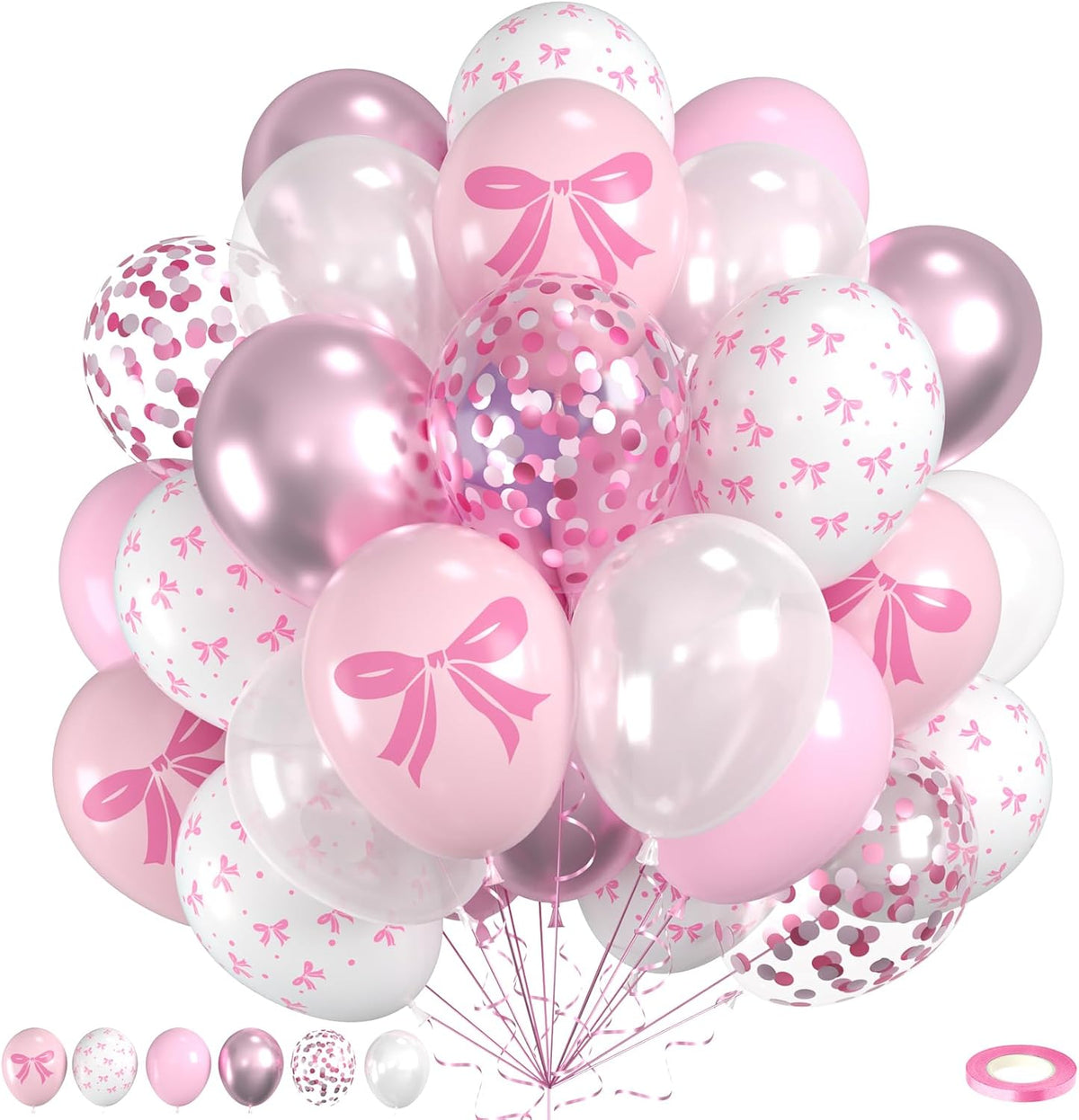 Pink Bow Latex Balloons, 60pcs Pink and White Balloons, Bow Printed Balloon Metallic Confetti