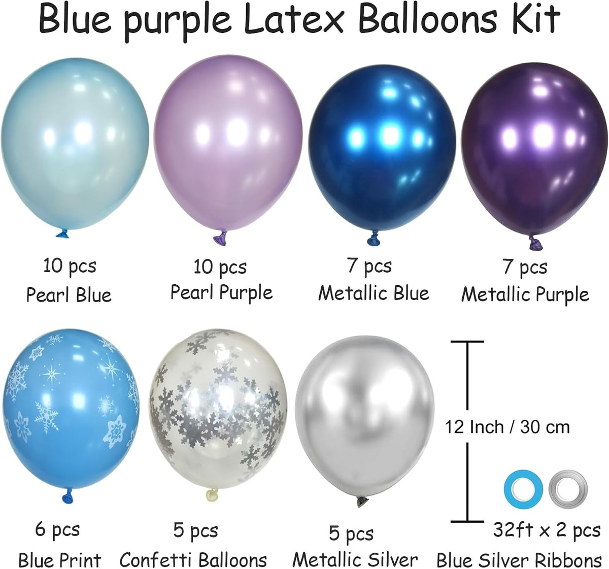 Purple and Blue Party Balloons Kit, 50pcs Blue Silver Purple Balloons 12 Inch Snow Balloons for