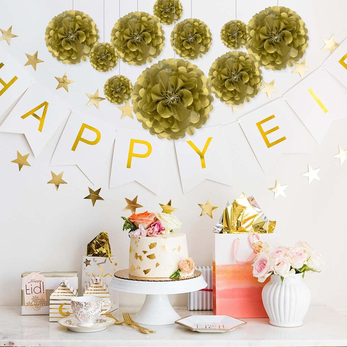 Tissue Paper Pom Poms, Gold Tissue Paper Flowers, Hanging Flower Balls for Weddings Fiesta Parties