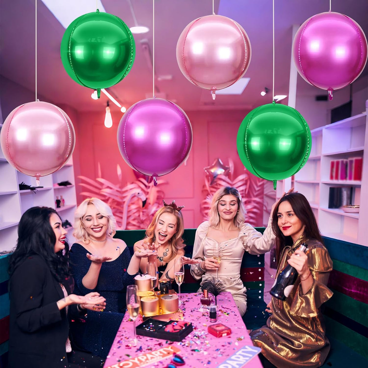6Pcs Green Pink Round Foil Balloons,Giant 4D Round Ball Balloon,22 Inch Metallic Green Pink