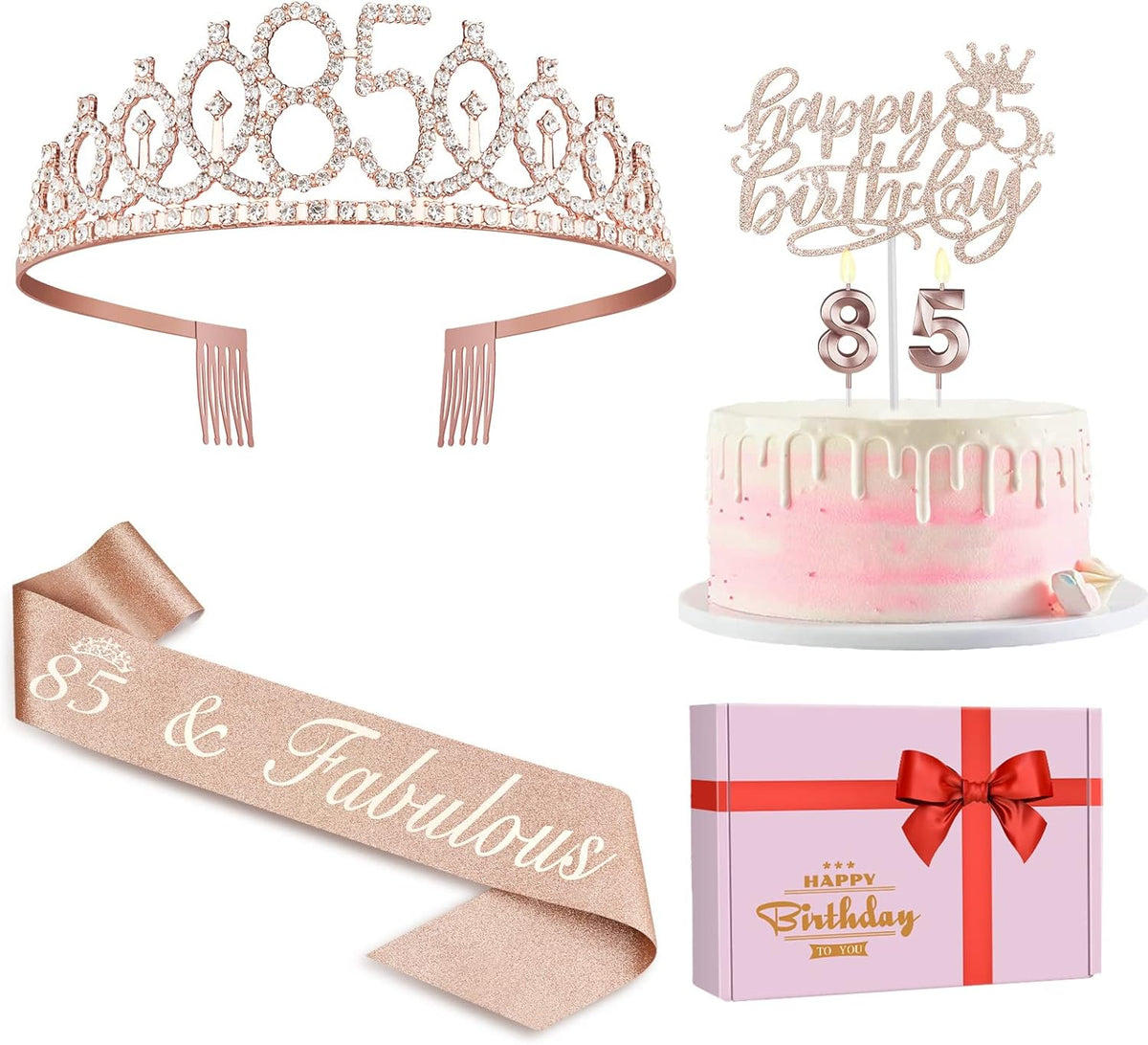 85th Birthday Party Decorations Including Sash, Crown, Numeral Candles and Cake Topper, Rose Gold