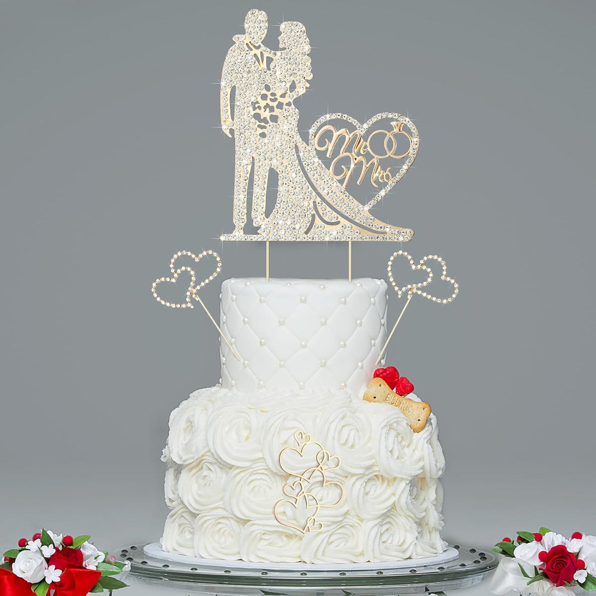 Spiareal 4 Pcs Wedding Cake Topper Mr and Mrs Rhinestone Bride and Groom Love Cake Topper Metal