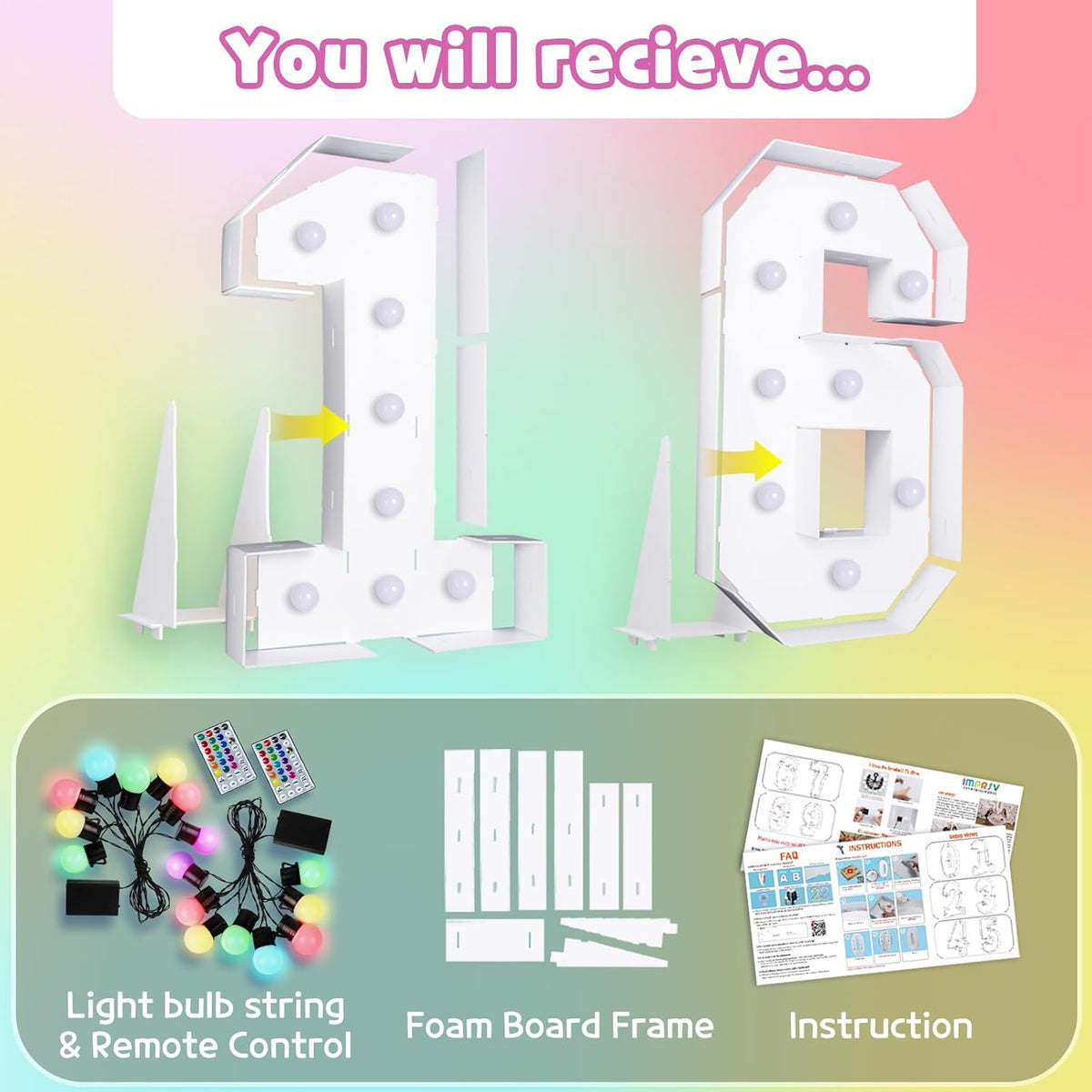 Marquee Numbers 16th-Birthday Decoration: Colorful 3FT Large Light Up 16 Year Old Birthday