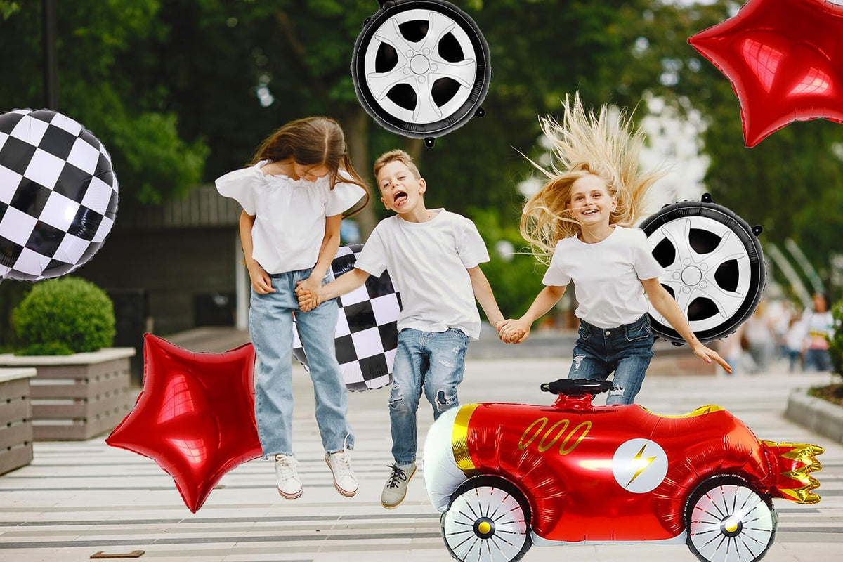 7 Pcs Vintage Race Car Balloon Set,Black and White Checkered Car Wheel Red Star Foil Helium
