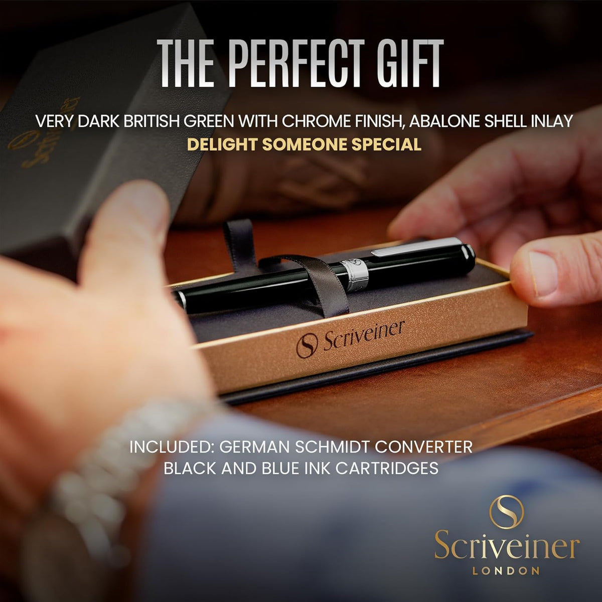 Scriveiner Black Green Fountain Pen - Stunning Luxury Pen with Chrome Finish, Schmidt Nib (Fine)