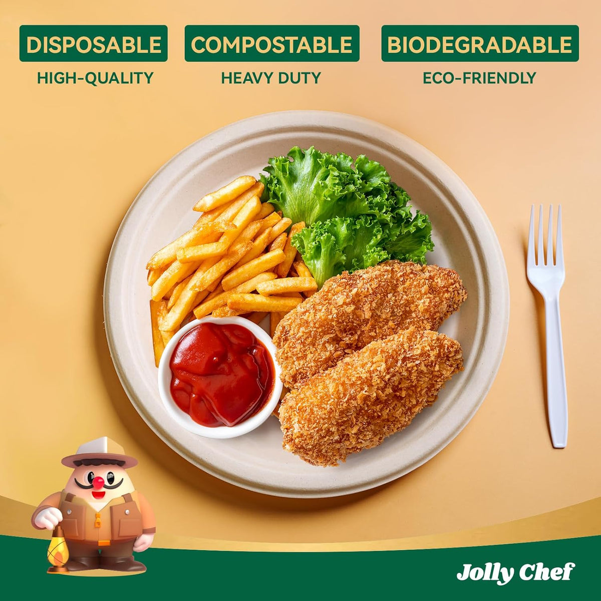 JOLLY CHEF Compostable Heavy Duty Plates 𝟭𝟬 𝗜𝗻𝗰𝗵 [𝟯𝟬𝟬 𝗣𝗮𝗰𝗸] Eco-Friendly Disposable