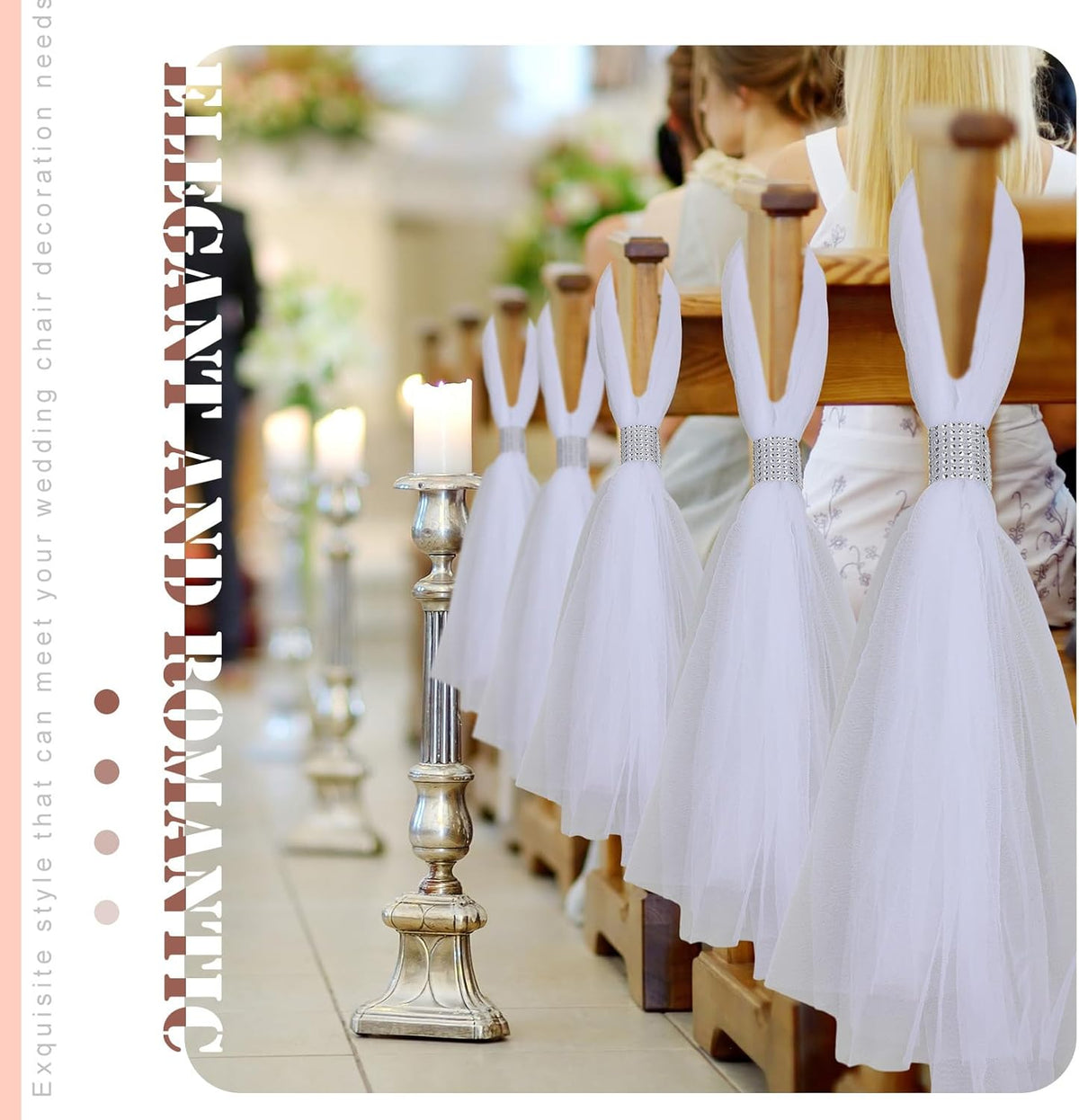 36 Set Wedding Aisle Chair Decorations 31.5 Inch Pew Bows with Long Tulle Tails and Rhinestone wrap