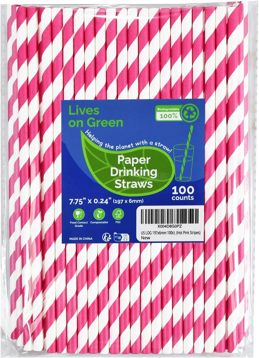 7.75 inch Hot Pink Striped Paper Straws for Drinking - Unwrapped, 100 Counts - for Party, Wedding