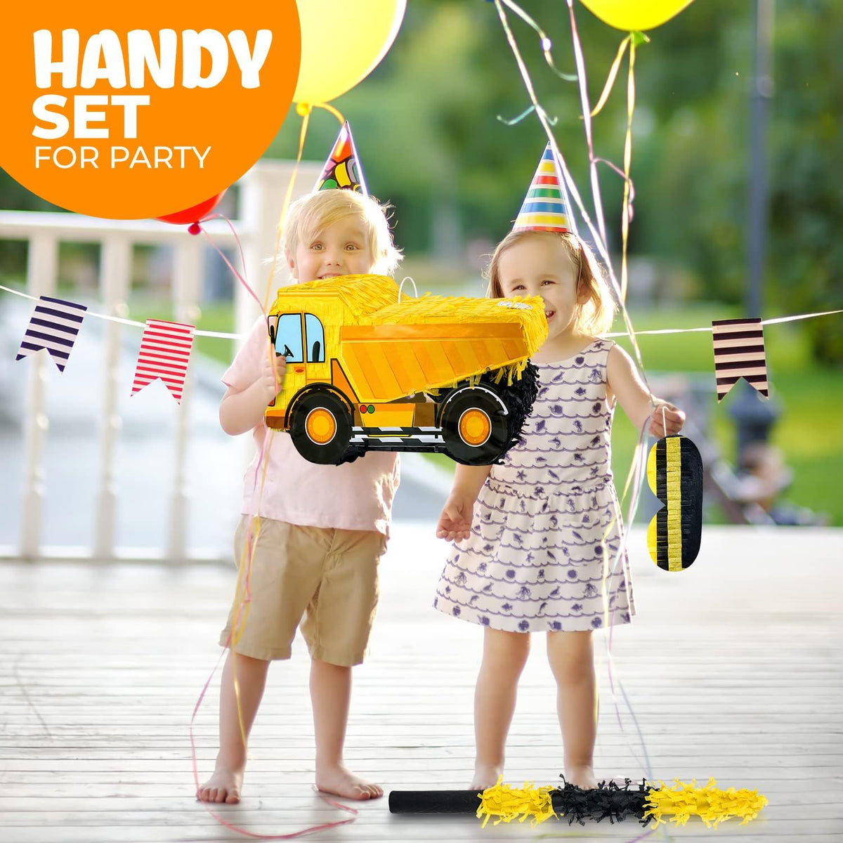Small Dump Truck Pinata Bundle with a Blindfold and Bat(16 x 9 x 6.5 Inches), Kids Excavator Pinata