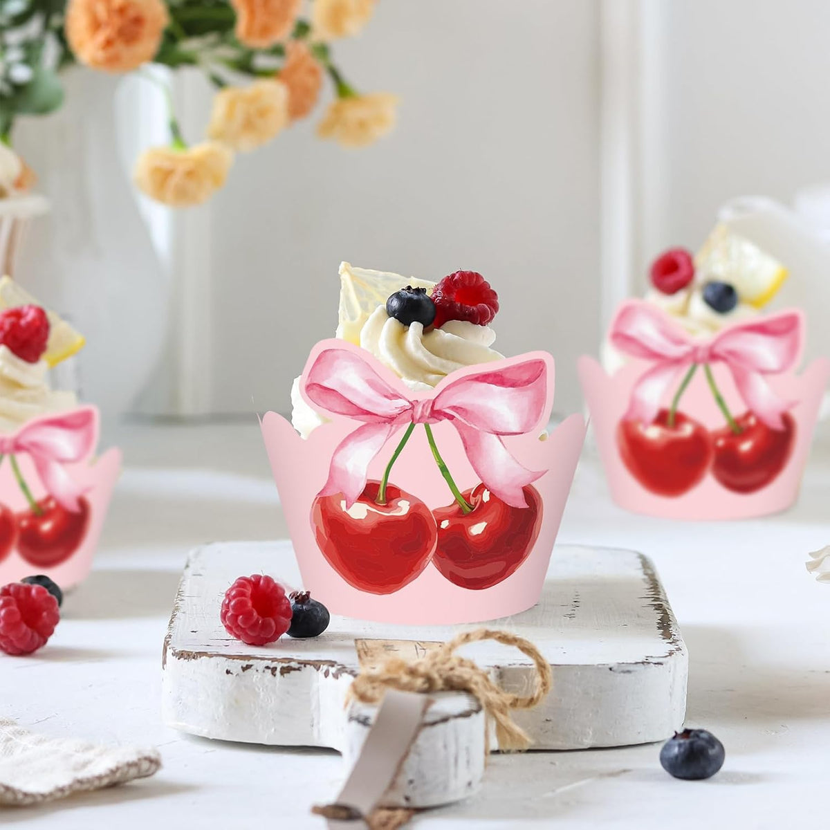 36Pcs Pink Bow Cherry Cupcake Wrappers Pink Red Bowknot Cherry Cupcake Liners Sweet Decorative