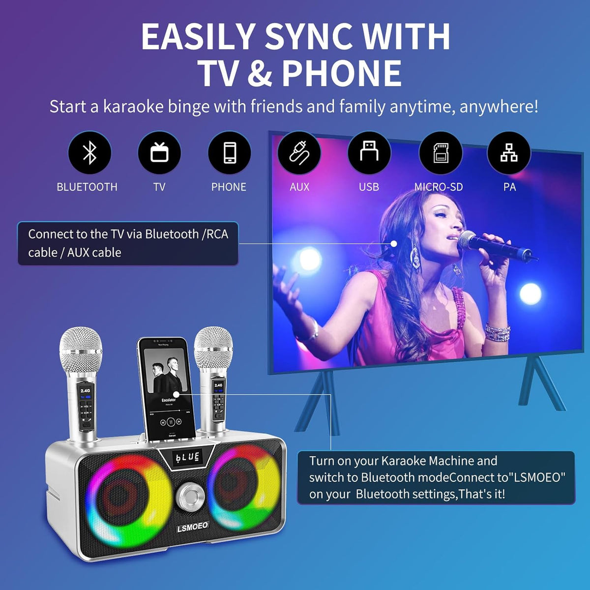 Karaoke Machine for Adults and Kids with 2 UHF Wireless Microphones,Portable Bluetooth Speaker PA
