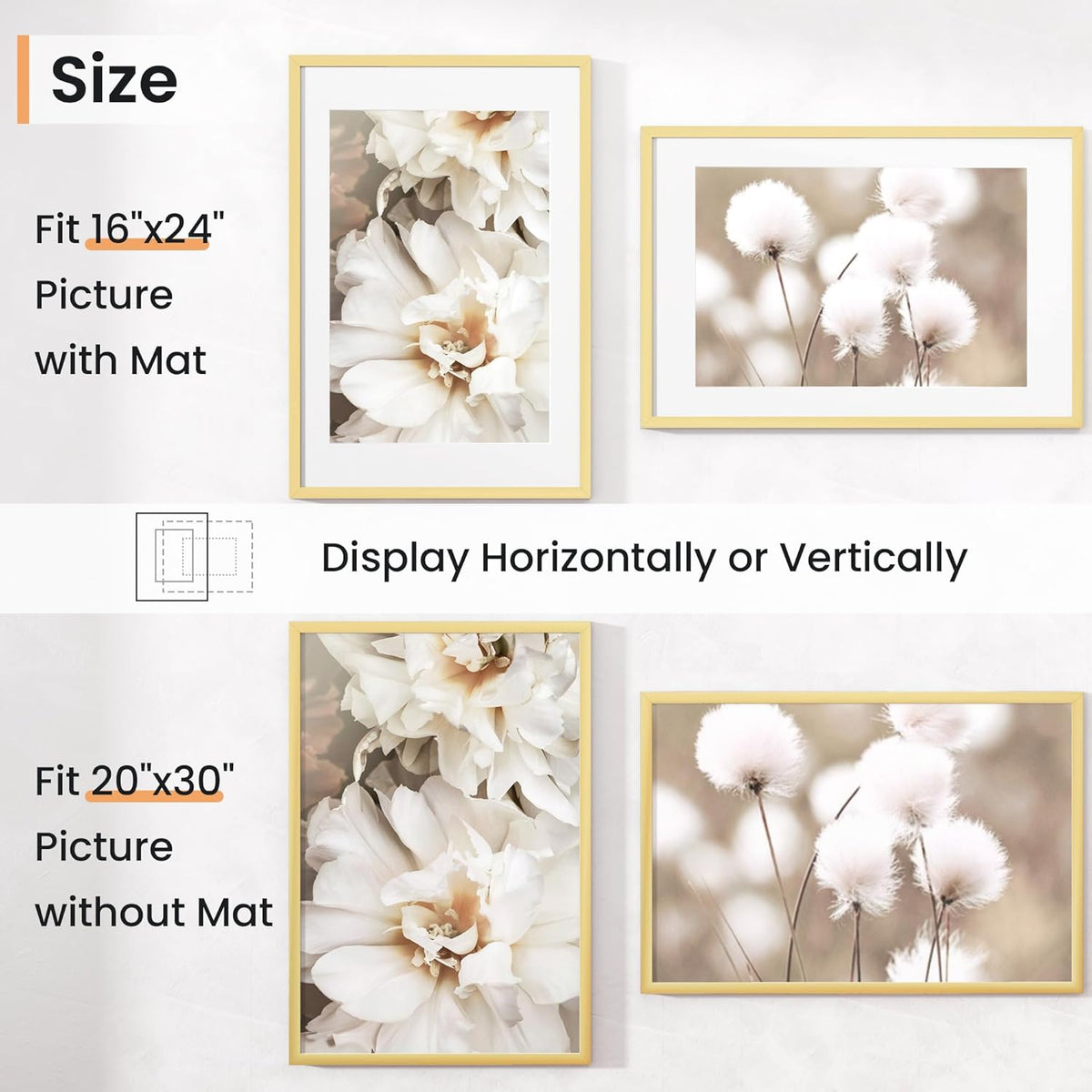20x30 inch Picture Frame, 20x30 Photo Frames with 16x24 Removable Mat - High Definition Plexiglass