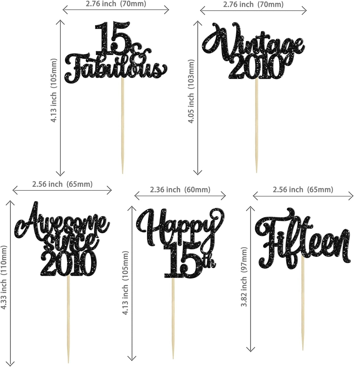 30Pcs Happy 15th Birthday Cupcake Toppers Glitter Fifteen Vintage 2010 Cupcake Picks Cheers to 15